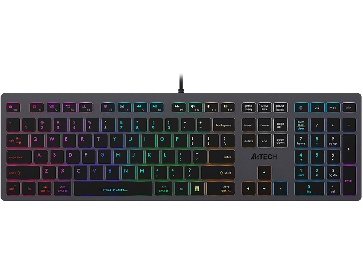 Клавиатура проводная A4Tech Fstyler FX60H, USB, RGB-подсветка, 2xUSB 2.0, Серый/Черный FX60H GREY/NEON